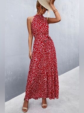 Red Polka Dot Belted Maxi Dress